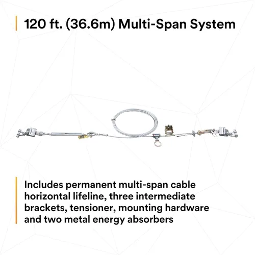 Miniatura 3 de 3M DBI-SALA Sayfline 7603120 Cable galvanizado multitramo de 120 pies con 3 soportes intermedios, tensor, hardware de montaje y absorbedores