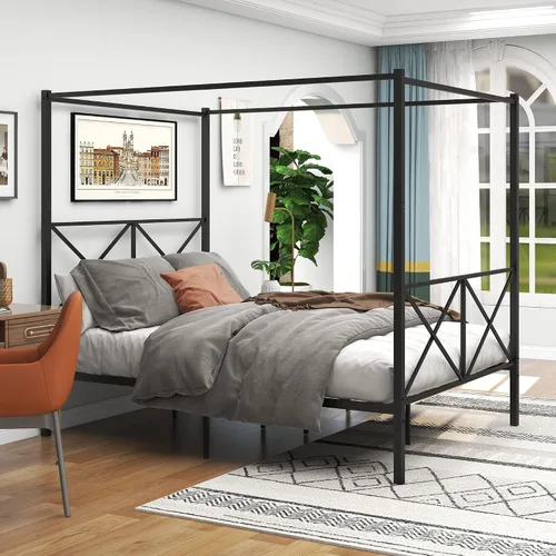 Miniatura 4 de Cama con dosel de metal, con plataforma de 4 postes de Coner con cabecera entrecruzada y estribo, tamaño Queen