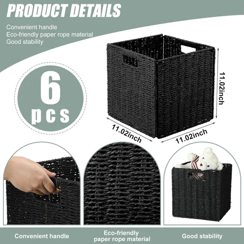 Miniatura 2 de Bucherry 6 cestas de almacenamiento de mimbre de 11 x 11 x 11 pulgadas, grandes canastas plegables tejidas a mano para estantes, cestas