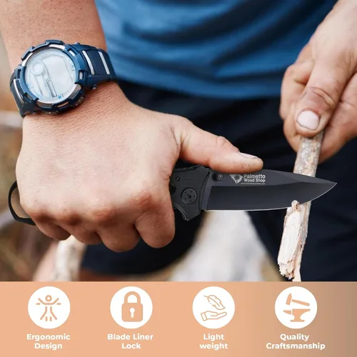 Miniatura 5 de Palmetto Wood Shop - Cuchillo de bolsillo grabado con láser, regalo para hombres 3.25" Stainless Steel Blade, Real Wood Handle, Personalized Text