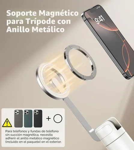 Miniatura 2 de TONEOF Trípode de palo de selfie magnético de 68" con soporte magnético fuerte de aluminio para Magsafe, soporte de trípode para teléfono de viaje