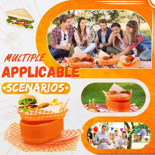 Miniatura 5 de Uiifan 24 cestas de comida para servir con 100 forros de delicatessen, cestas de comida rápida de 10.5 x 7 pulgadas, bandejas de servicio de Naranja