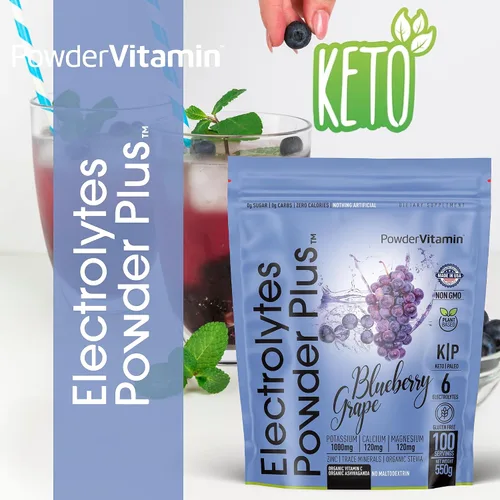 Miniatura 2 de Electrolitos Powder Plus (100 porciones) Polvo de electrolitos de Arándano y Uva Sin Azúcar, Keto, 0 azúcar, Sin Maltodextrina, 1000 mg de potasio