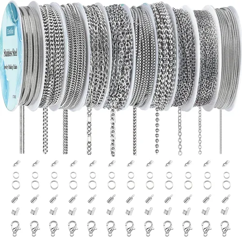 Miniatura 8 de Cadenas de collar para fabricación de joyas, 78.7 pies, 10 rollos de cadenas de joyería de acero inoxidable para hacer collares, pulseras, joyería