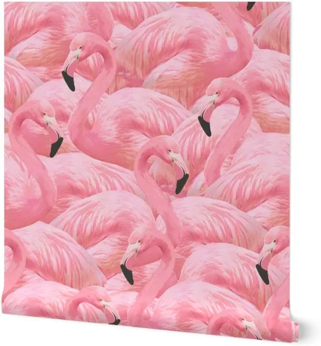 Papel tapiz para despegar y pegar, flamenco, rosa, pájaros, flamencos, isla de flamencos, verano, retro, extraíble, por Spoonflower