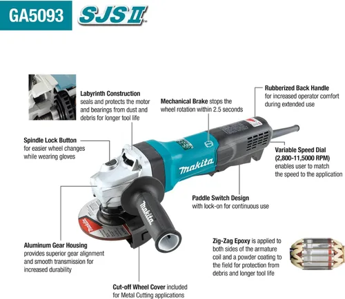 Miniatura 2 de Makita GA5093 Amoladora angular de alta potencia SJSII de 5", interruptor de paleta, con freno