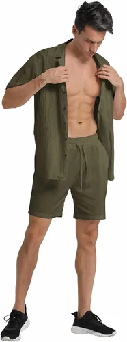 Miniatura 4 de RPOVIG Conjunto corto de camisa de lino conjunto casual de 2 piezas con botones para hombre