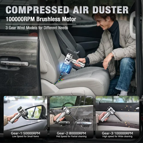 Miniatura 4 de Aspiradora portátil inalámbrica de 22000 PA de alta potencia con motor sin escobillas, plumero de aire comprimido 4 en 1, soplador de aire y bomba