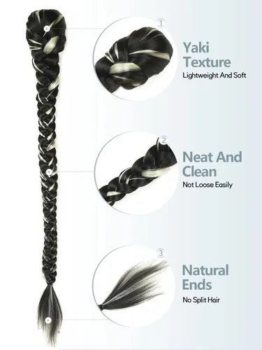 Miniatura 3 de WIGER Cola de caballo trenzada de 34 pulgadas para mujeres negras, colas de caballo largas con cordón para bricolaje, Yaki liso negro y blanco
