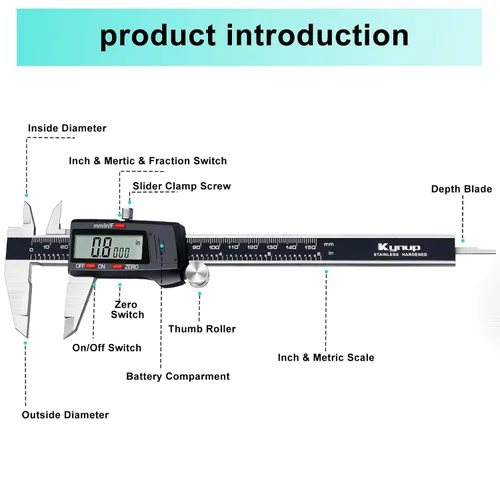 Miniatura 5 de Kynup Calibre Vernier Digital, Herramienta de Medición de Calibre, Calibre de Dial de Micrómetro Externo con Acero Inoxidable, Pantalla LCD Grande