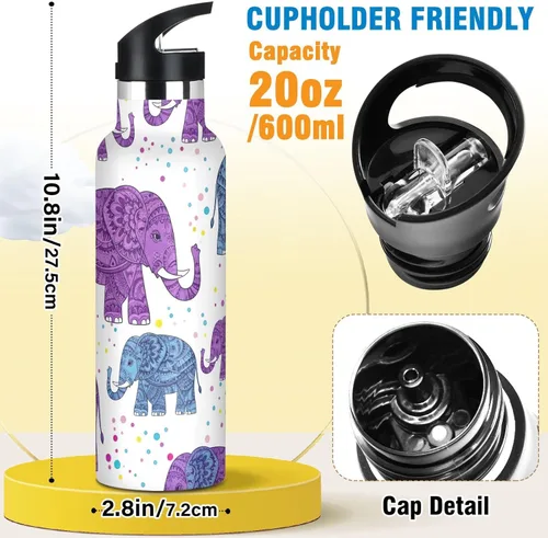 Miniatura 2 de Kids Water Bottle with Straw for School 20 Oz Bottle for Boys Girls, BPA-Free, Cute Purple Elephants Purple Blue