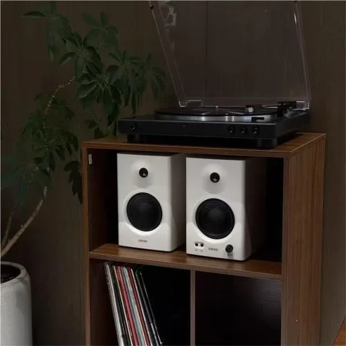 Miniatura 6 de Soporte para tocadiscos de madera, mesa de tocadiscos de gran capacidad, gabinete de almacenamiento abierto para medios, adecuado para sala