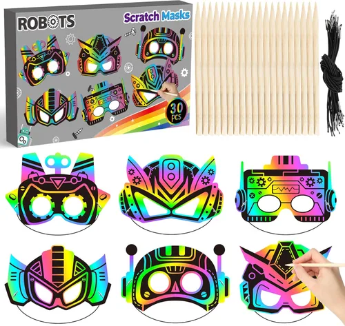 BeYumi Robot DIY Máscara Artesanía – Juego de 30 Robots Máscara Rasca Juego de Regalo para Niños Niños Magia Rascar Papel Artesanía Kit de Artesanía
