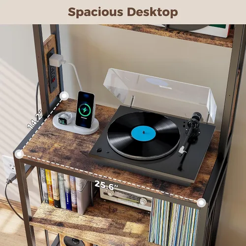 Miniatura 3 de IRONCK Soporte para tocadiscos, almacenamiento de discos de vinilo de 2 niveles, mesa grande para tocadiscos con estación de carga, soporte