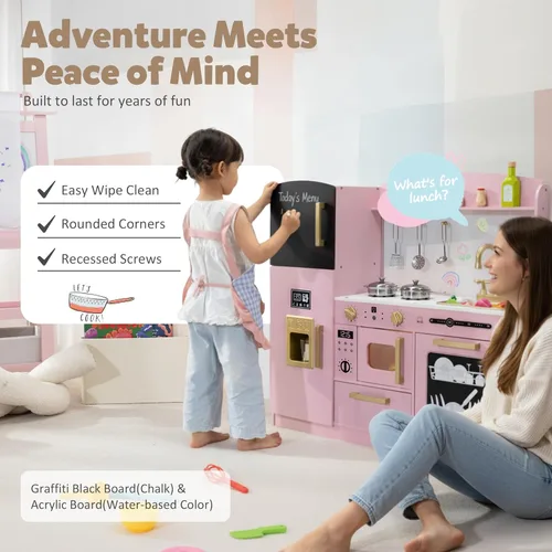 Miniatura 4 de TODEFULL Juego de cocina de simulación para niños, juego interactivo de madera con diseño realista, fregadero, microondas, máquina de hielo, Rosa