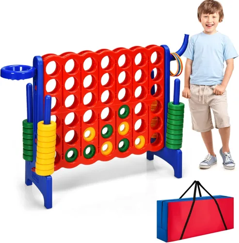 HONEY JOY Juego gigante gigante de 4 a puntuación, 3 en 1 para interiores y exteriores, juego de patio familiar con aro de baloncesto y lanzamiento