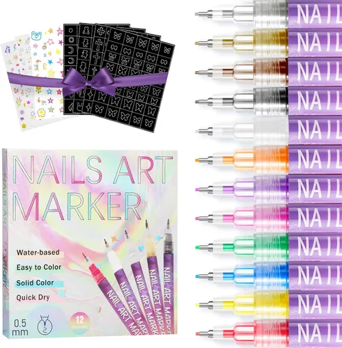 Bolígrafos de arte de uñas de 12 colores, punta fina de 0.020 in, bolígrafos de esmalte de uñas 3D de secado rápido para diseño de uñas, pintura de