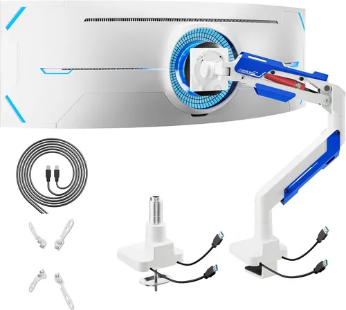 Miniatura 10 de ARES WING Brazo de monitor ultraancho de alta resistencia, soporte de monitor de aluminio con resorte de gas con USB para pantallas curvas de 24 a