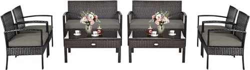 Miniatura 10 de HAPPYGRILL Juego de muebles de patio de 4 piezas, juego de conversación de mimbre de ratán para jardín, piscina, césped, sofá biplaza, asiento Marrón