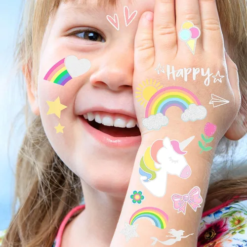 Miniatura 2 de Groovy - Lindos tatuajes temporales para niños y niñas con patrón de arco iris de unicornio, más de 123 piezas de calcomanías falsas metálicas