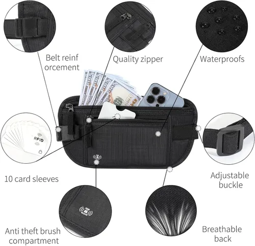 Miniatura 4 de Cinturón de dinero para viajes Mujeres Hombres Oculto Rfid Pasaporte titular para viajes (negro)