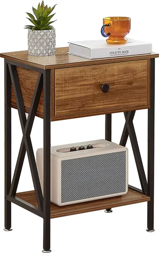 Miniatura 18 de VECELO - Mesita de noche moderna, mesa auxiliar de cabecera con cajón y estante de almacenamiento para sala de estar y dormitorio, marco de metal