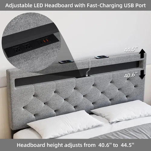 Miniatura 3 de Base de cama matrimonial con cabecera de luces LED, marco de cama LED con puerto USB de carga rápida, marco de cama tapizado de plataforma,