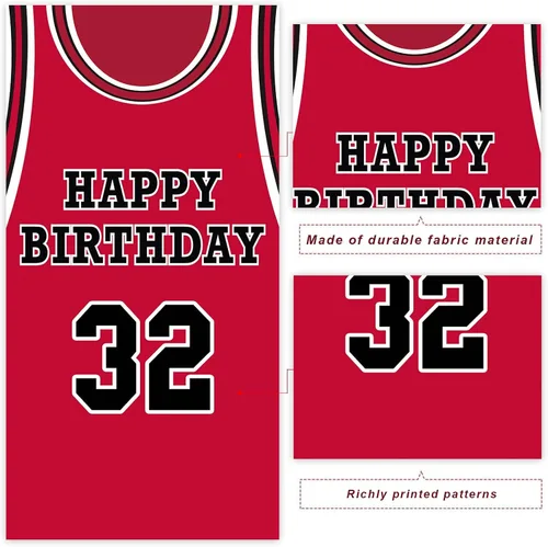 Miniatura 3 de Cartel de feliz cumpleaños 32, telón de fondo rojo de baloncesto estrella, decoración temática deportiva para hombre y niño, suministros de fiesta