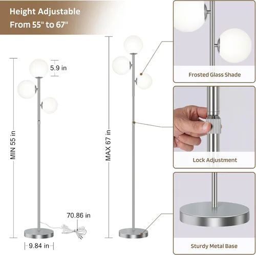 Miniatura 2 de Lámparas de pie de mediados de siglo de 67 pulgadas para sala de estar, lámpara de pie de 3 globos con pantallas de vidrio esmerilado, lámpara
