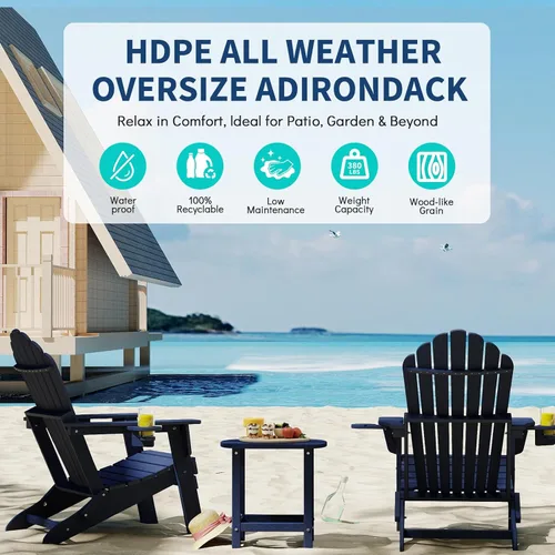 Miniatura 5 de Plawdlik Silla Adirondack plegable de gran tamaño, silla de patio HDPE para todo tipo de clima con 2 soportes para tazas, asiento ancho de respaldo