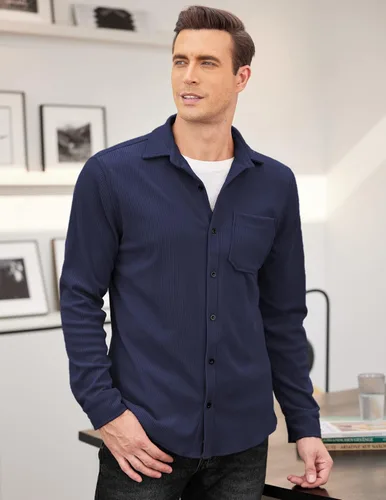 Miniatura 3 de COOFANDY Camisa de pana para hombre, estilo chaqueta ligera, de manga larga, con botones