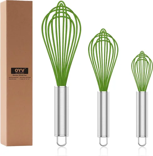 Miniatura 16 de OYV Batidor de silicona, paquete de 3 batidores profesionales para cocinar sin arañazos, acero inoxidable y silicona, batidor de goma de plástico