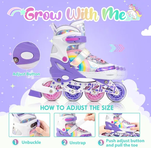 Miniatura 2 de SULIFEEL Patines en línea de unicornio arcoíris para niñas y niños, 4 tamaños, ajustables, con ruedas iluminadas, para niños principiantes b púrpura