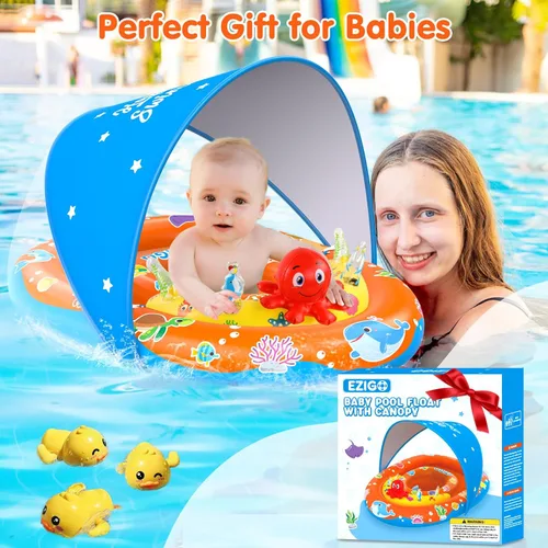 Miniatura 7 de EZIGO Baby Pool Float with Canopy UPF 50+ Sun Protection, Double Air Chambers Infants Swimming Floats with Sound Toys Adjustable Safety Seat Toddler