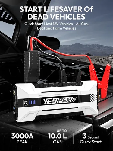 Miniatura 3 de YESPER Arrancador de batería portátil, caja de salto de 3000 A para automóvil de 12 V (hasta 10 L de gasolina/8 L motor diésel), cables de puente