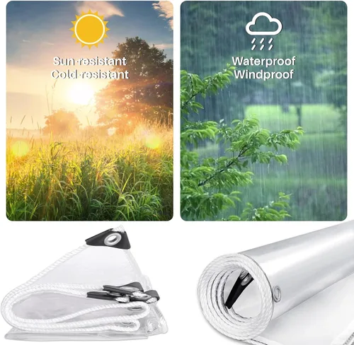 Miniatura 5 de Lonas transparentes resistentes al agua de alta calidad, lona de PVC transparente de 15 mil con ojales, cuerdas, borde reforzado, resistentes a