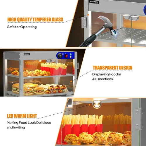 Miniatura 5 de ROVSUN Calentador de Alimentos de 2 Niveles, Calentador de Pizza, Calentador de Alimentos Comercial con Iluminación LED, Estantes Desmontables
