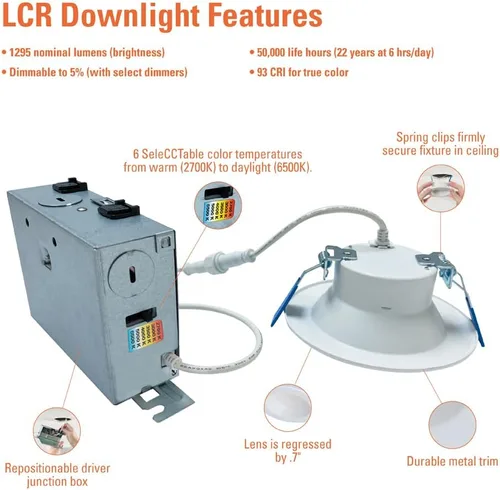 Miniatura 4 de HALO LCR - Luz empotrable LED sin lata de 4 pulgadas, 14 W, regulable, 1300 lúmenes, 6 CCT seleccionables 2700K-6500K, ubicación húmeda, lámpara