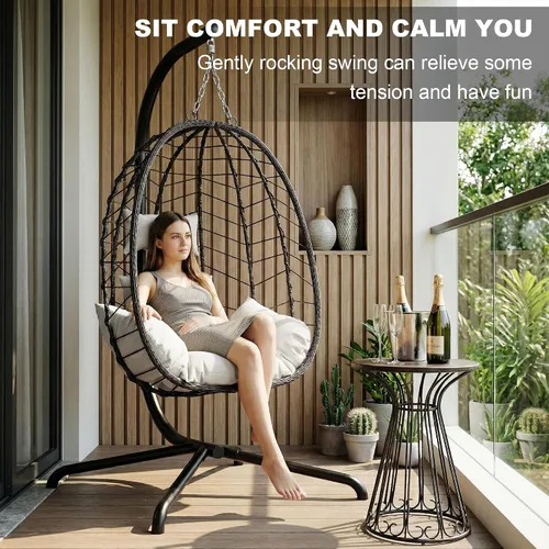 Miniatura 5 de LEX CRAFT Silla colgante de huevo con soporte, silla de huevo oscilante para exteriores e interiores, silla colgante con cojín, silla hamaca