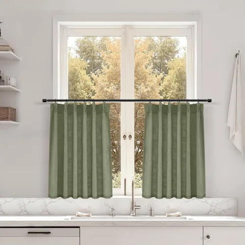 Miniatura 102 de Juego de 2 paneles de cortinas de ventana de cocina beige de 24 pulgadas de largo, con textura de lino, plisadas, filtrantes de luz, semi pequeñas