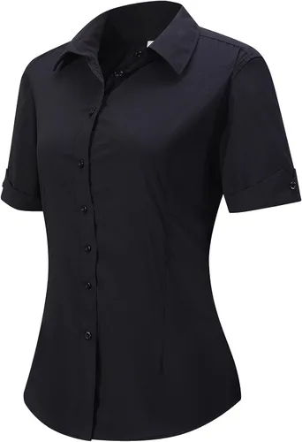 Miniatura 10 de MGWDT Camisa de trabajo con botones para mujer, ajustada, resistente a las arrugas, manga larga/corta, elástica, ligera