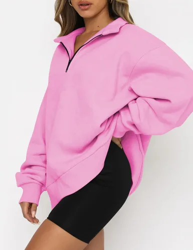 Miniatura 2 de EFAN Sudadera de gran tamaño con media cremallera para mujer, sudadera de manga larga con cremallera de un cuarto, sudadera moderna con capucha