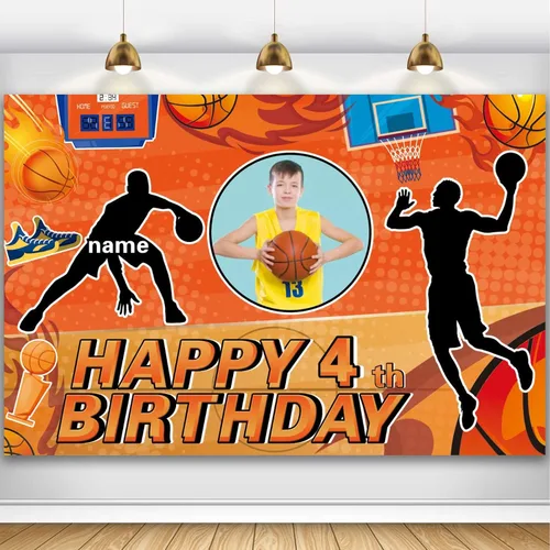Miniatura 14 de Cartel personalizado de decoración de fiesta de cumpleaños de medio año, tema de baloncesto personalizado, fondo de deportes de baloncesto de feliz