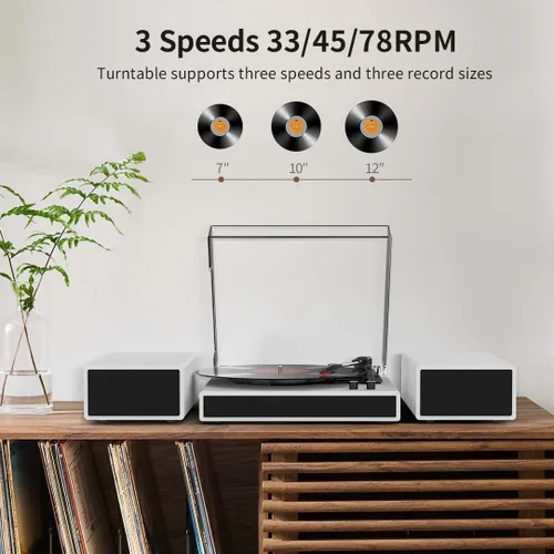 Miniatura 6 de Tocadiscos de vinilo con 2 altavoces estéreo externos, giradiscos con transmisión por correa y soporte Bluetooth, 3 velocidades, salida RCA