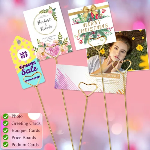 Miniatura 5 de 40 púas para tarjetas florales, soportes para fotos de corazón, palillo de púas para fotos, soporte para tarjetas de lugar floral dorado, clips