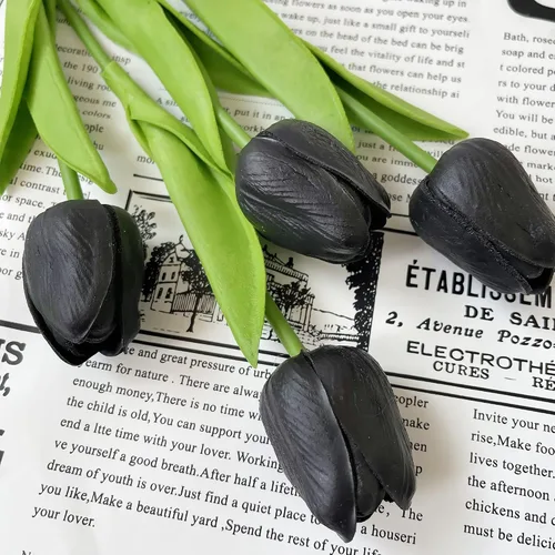 Miniatura 4 de UKELER 24 piezas de flores negras de tulipán, flores artificiales de poliuretano de tacto real para decoración del hogar, centros de mesa, arreglo