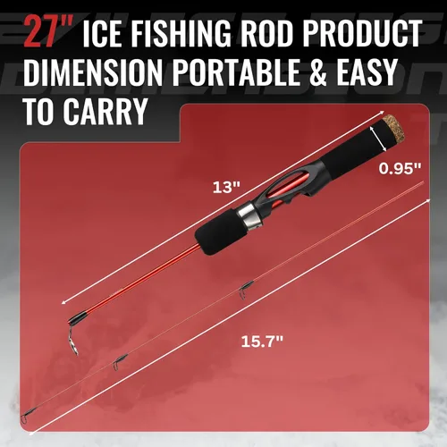 Miniatura 2 de WIDDEN Combo de caña de pescar en hielo y carrete, caña de pescar de hielo mediana de 27 pulgadas, equipo con kit de caja de aparejos, línea, Rojo