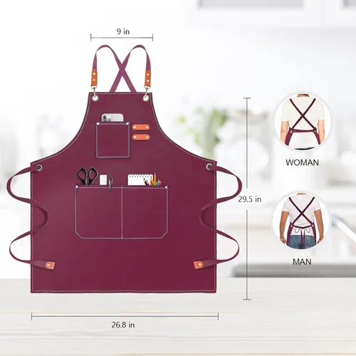 Miniatura 2 de OUNLEN Delantal de Chef para Hombres y Mujeres de Lona con 3 Bolsillos, Delantal Resistente de Trabajo con Espalda Cruzada para Cocinar Rojo arándano