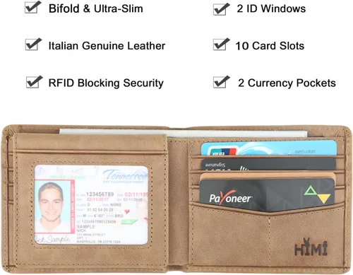 Miniatura 52 de HIMI - Cartera elegante de cuero auténtico para hombre, con bloqueo de interferencia de radiofrecuencia (RFID), con 2 ventanas para identificación
