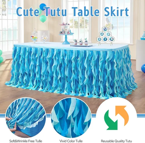 Miniatura 3 de Leegleri - Falda de mesa de tul con volantes de sauce rizado de 6 pies para mesas rectangulares o redondas, falda de mesa tutú azul océano bajo